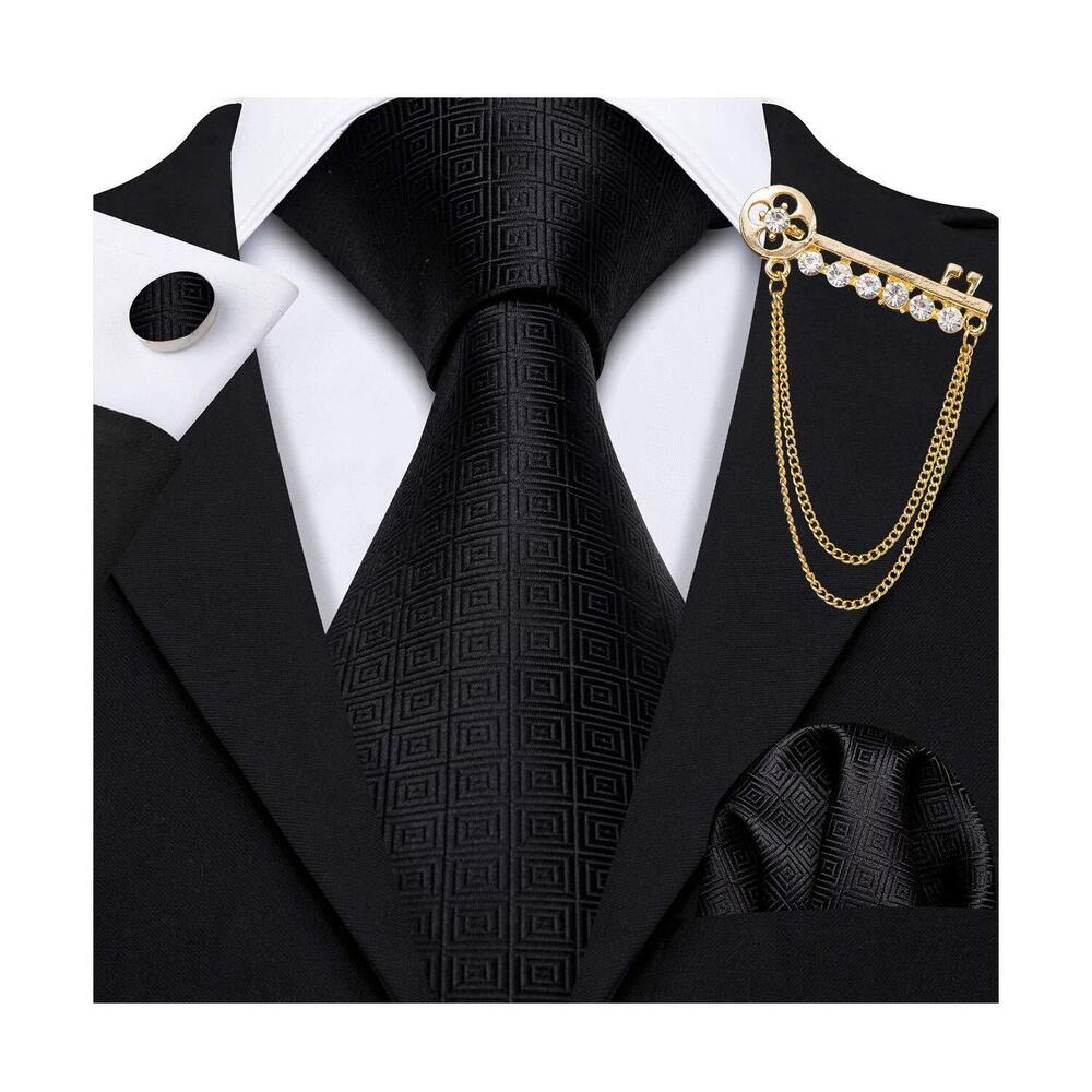 2855 Designer Black Ties Gold Brooch Handkerchief Cufflink Necktie Set Silk